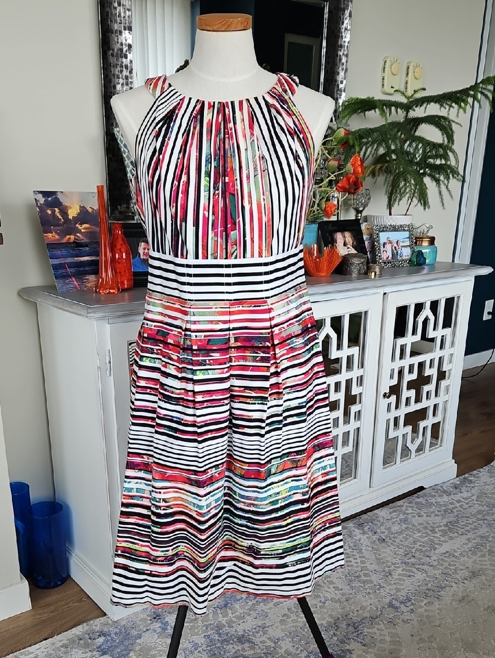 Nine West White Striped Midi Dress with Multicolor Floral Accents